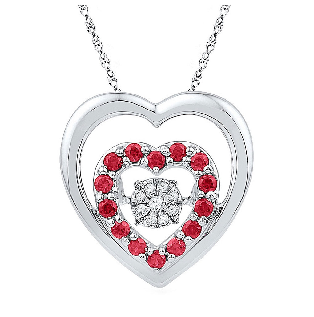 Sterling Silver Womens Round Lab-created Ruby Heart Moving Twinkle Diamond Cluster Pendant 1/2 Cttw