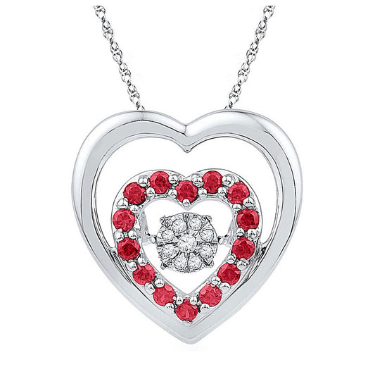 Sterling Silver Womens Round Lab-created Ruby Heart Moving Twinkle Diamond Cluster Pendant 1/2 Cttw