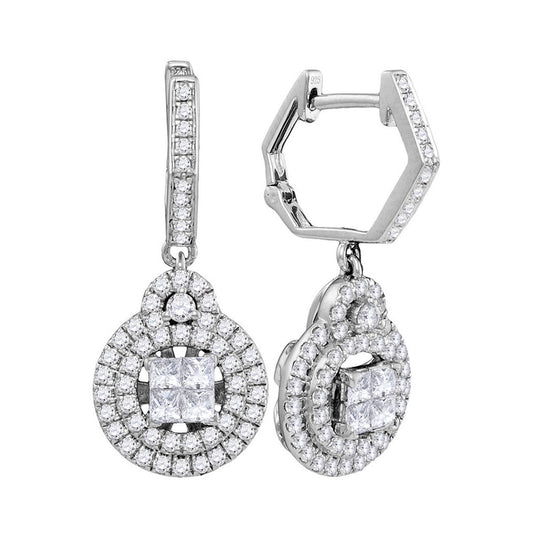 14kt White Gold Womens Princess Diamond Double Circle Frame Dangle Earrings 1.00 Cttw