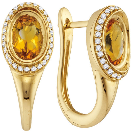 14kt Yellow Gold Womens Oval Natural Citrine Diamond Hoop Earrings 1/5 Cttw