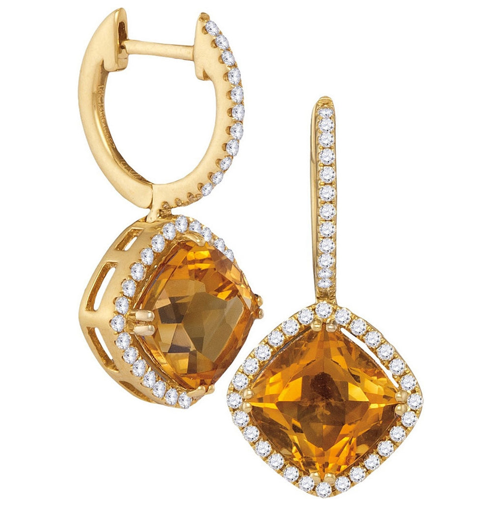 14kt Yellow Gold Womens Cushion Natural Citrine Diamond Dangle Earrings 5-1/3 Cttw