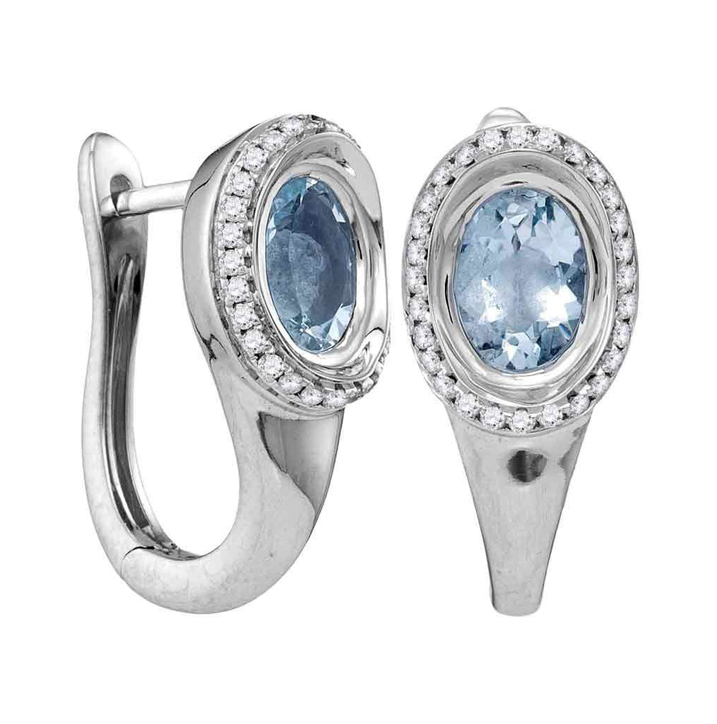 14kt White Gold Womens Oval Aquamarine Solitaire Diamond Frame Hoop Earrings 7/8 Cttw