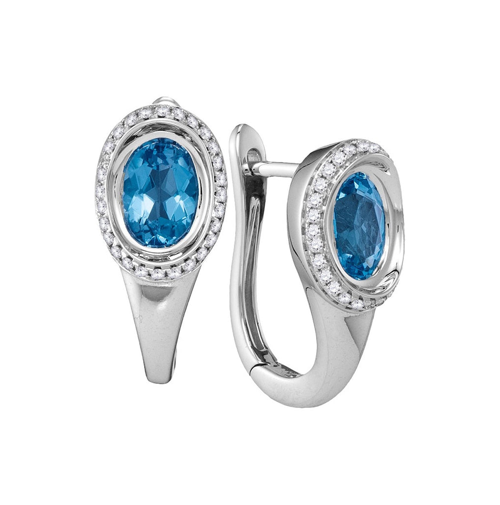 14kt White Gold Womens Oval Natural Blue Topaz Diamond Hoop Earrings 1/4 Cttw