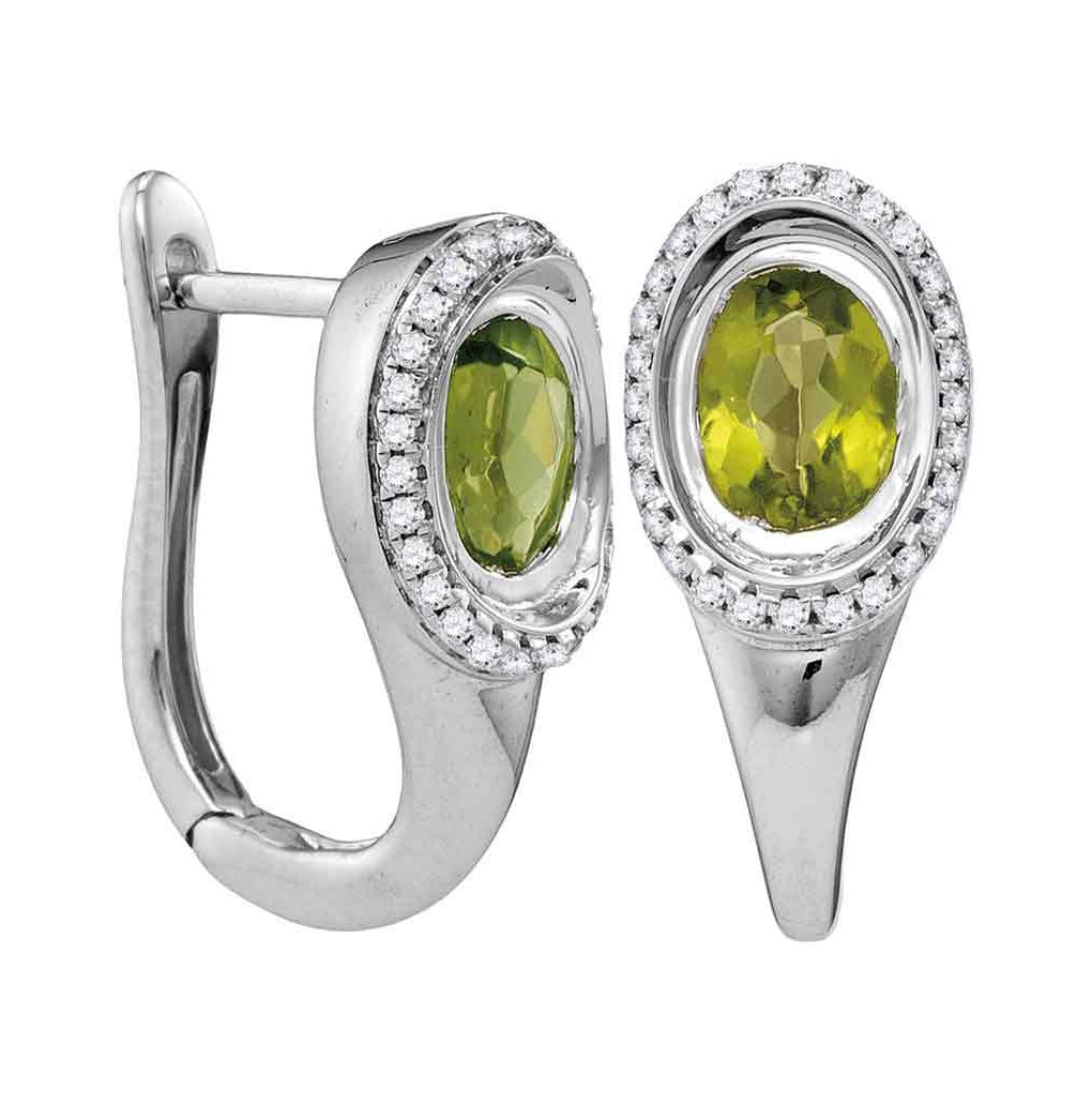 14kt White Gold Womens Oval Natural Peridot Diamond Hoop Earrings 2.00 Cttw