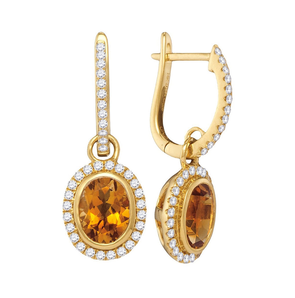 14kt Yellow Gold Womens Oval Citrine Diamond Frame Dangle Hoop Earrings 1-3/8 Cttw