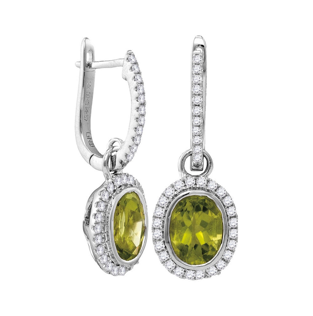 14kt White Gold Womens Round Natural Peridot Diamond Oval Dangle Earrings 3.00 Cttw