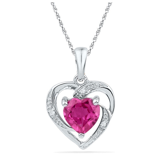 10K White Gold Womens Round Synthetic Pink Sapphire Heart Pendant 1 Cttw