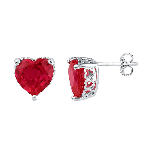 10kt White Gold Womens Heart Lab-created Ruby Heart Stud Earrings 7.00 Cttw