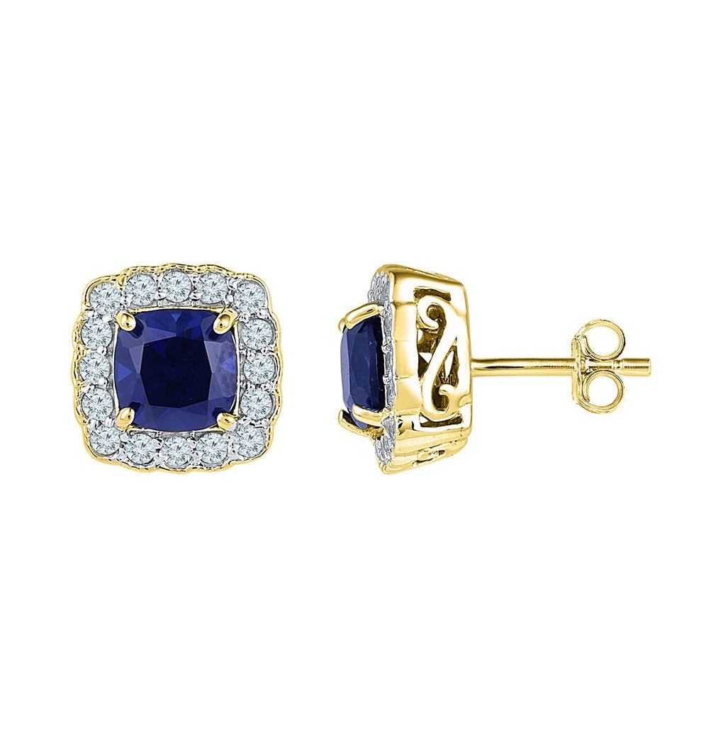 10K Yellow Gold Womens Cushion Synthetic Blue Sapphire Stud Earrings 3-1/3 Cttw, Length: 0.39 In, Width: 0.39 In