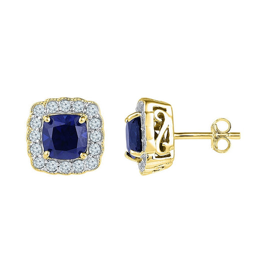 10K Yellow Gold Womens Cushion Synthetic Blue Sapphire Stud Earrings 3-1/3 Cttw, Length: 0.39 In, Width: 0.39 In