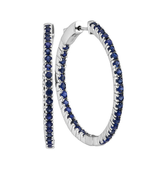 14kt White Gold Womens Round Blue Sapphire Hoop Earrings 2-3/4 Cttw