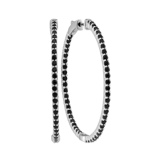 14kt White Gold Womens Round Pave-set Black Sapphire Inside Outside Hoop Earrings 3-3/4 Cttw