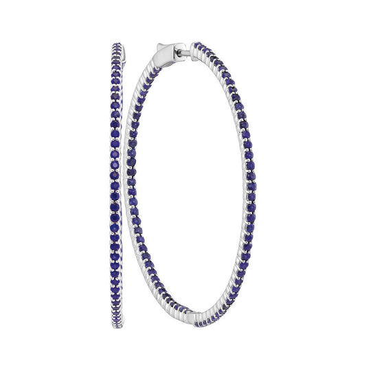 14kt White Gold Womens Round Blue Sapphire Large Slender Inside Outside Hoop Earrings 3-1/2 Cttw