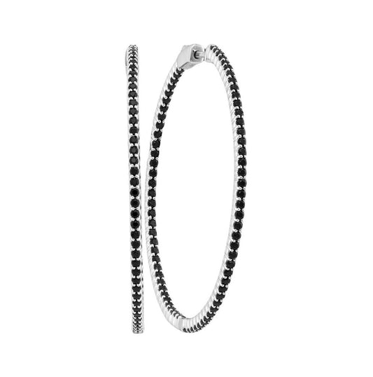 14kt White Gold Womens Round Natural Black Sapphire Slender Hoop Earrings 3-3/4 Cttw