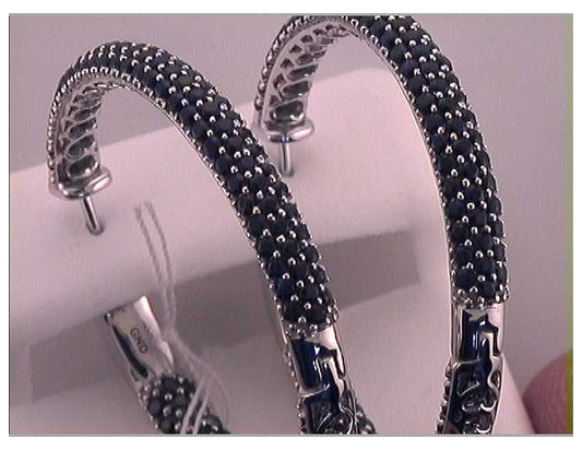 14kt White Gold 5  3/4ctw Diamond Black Sapphire Natural Gem Hoops Earring