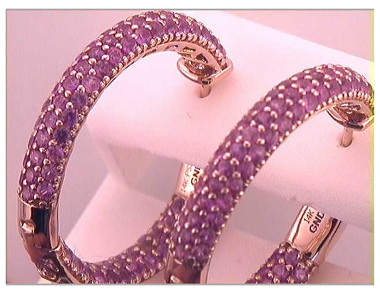 14kt Rose Gold 3  3/8ctw Diamond Pink Sapphire Hoops Earrings