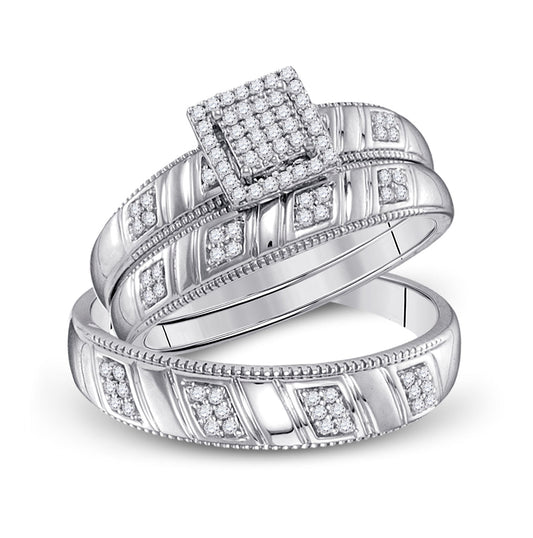 Sterling Silver His Hers Round Diamond Square Matching Wedding Set 1/4 Cttw, Womens Size: 5-10, Mens Size: 7-13