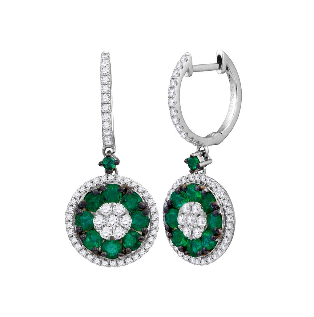 18kt White Gold 18kt White Gold Womens Round Emerald Diamond Cluster Dangle Earrings 1-3/4 Cttw