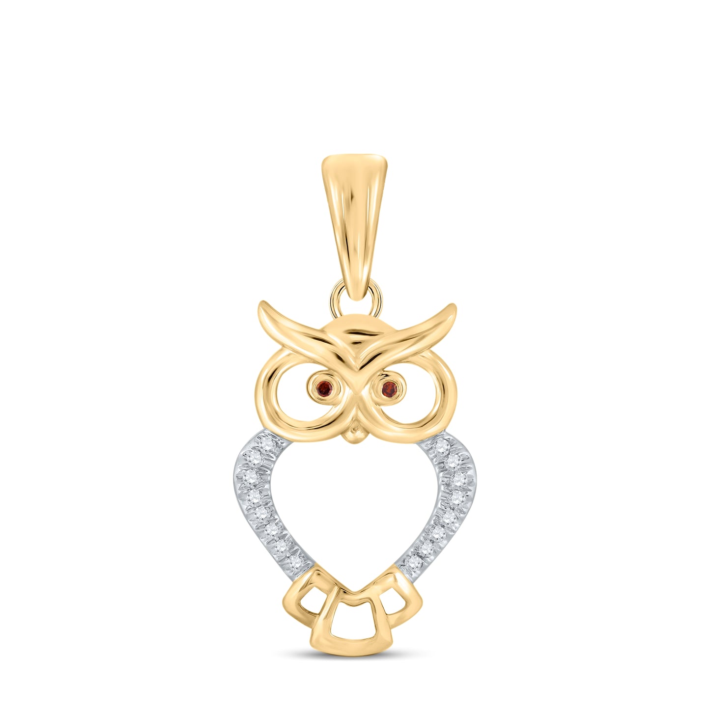 10K Yellow Gold Womens Round Red Color Enhanced Diamond Owl Bird Animal Pendant 1/20 Cttw, Length: 1.01 In, Width: 0.48 In