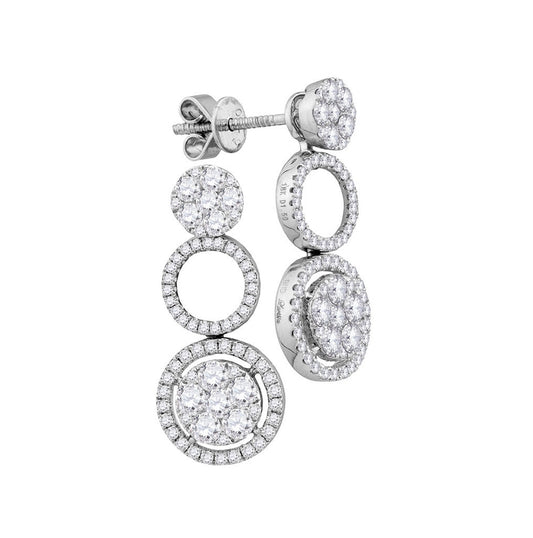 18K White Gold Womens Round Diamond Circle Cluster Dangle Earrings 1-1/2 Cttw, Length: 0.7 In, Width: 0.13 In