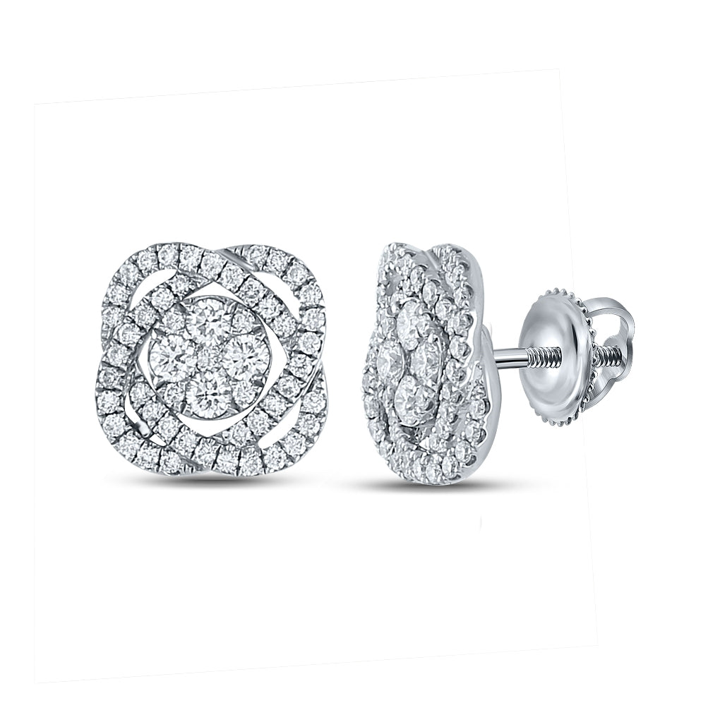 18K White Gold Womens Round Diamond Cluster Earrings 7/8 Cttw, Length: 0.74 In, Width: 0.09 In