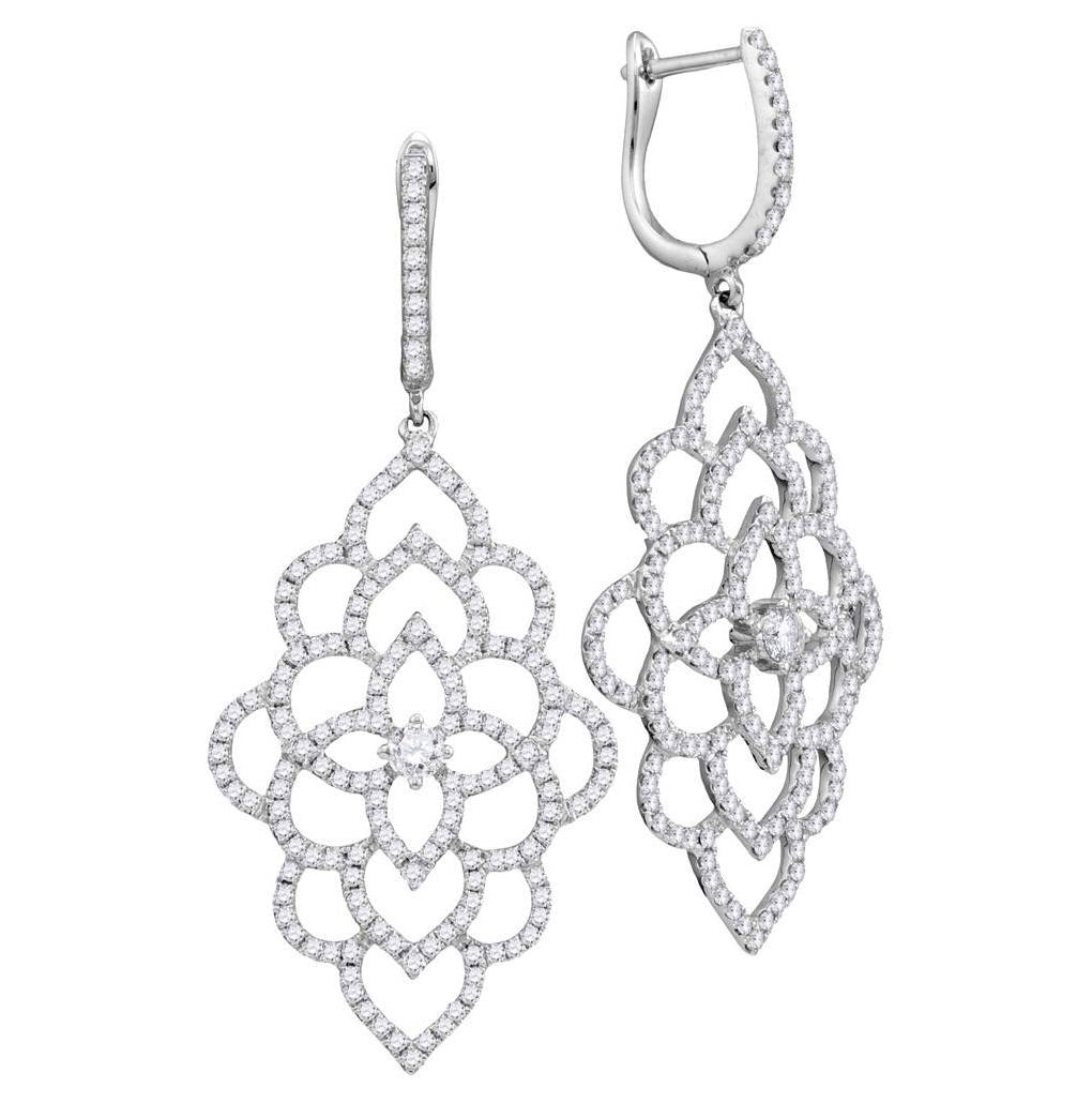 18K White Gold Womens Round Diamond Petals Cocktail Dangle Earrings 1-3/8 Cttw, Length: 1.73 In, Width: 0.08 In