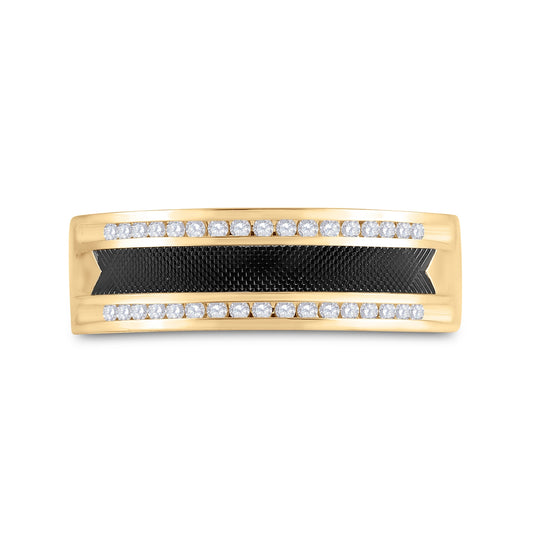 14K Yellow Gold Mens Round Diamond Wedding Black-tone Band Ring 1/4 Cttw, Mens Size: 7-13