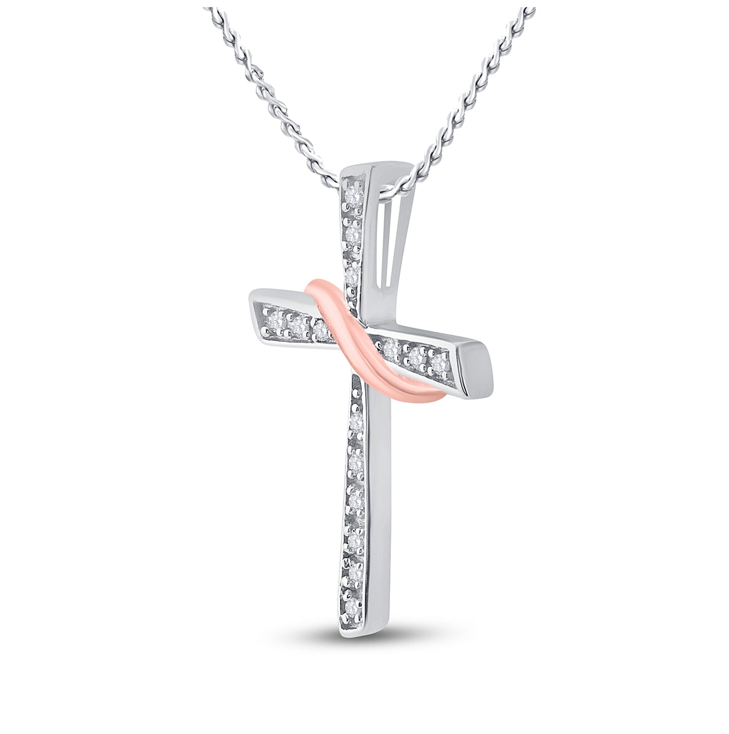 Two-tone Sterling Silver Womens Round Diamond Cross Pendant 1/20ctw, Length: 0.56 Inch Width: 0.66 Inch