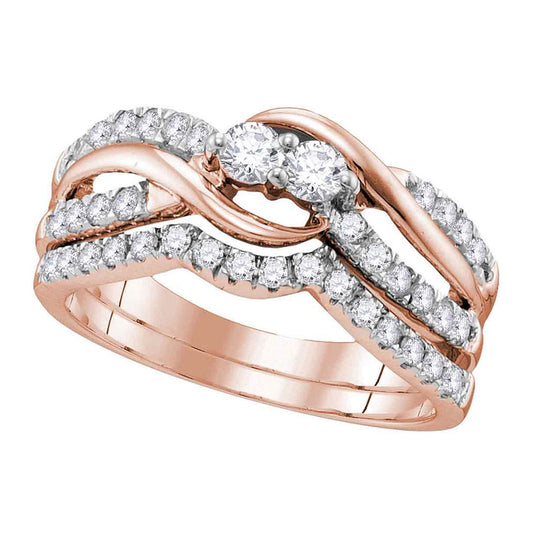 14kt Rose Gold Womens Round Diamond 2-stone Bridal Wedding Engagement Ring Band Set 3/4 Cttw