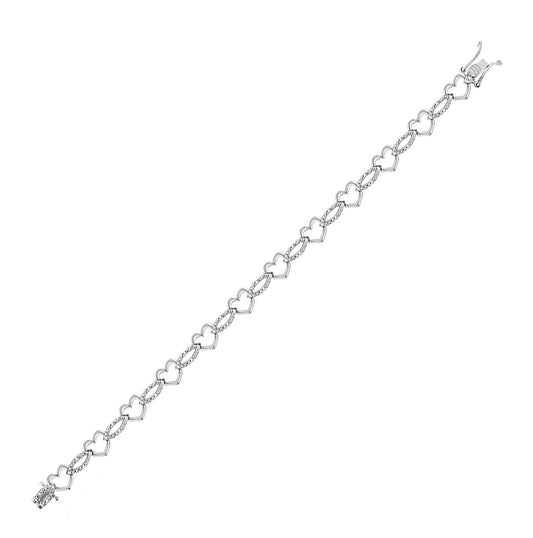 Sterling Silver Womens Round Diamond Heart Outline Link Bracelet 1/12 Cttw