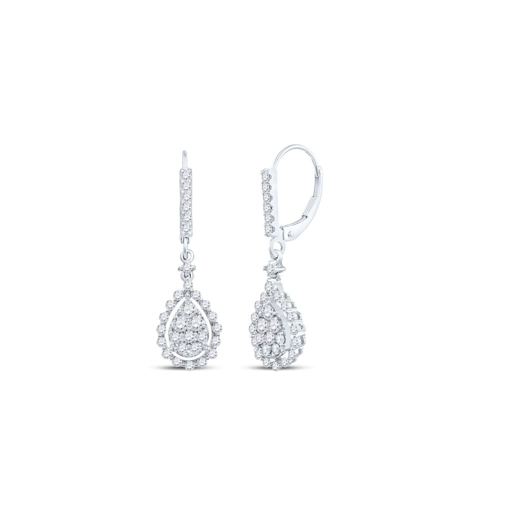 14K White Gold Womens Round Diamond Teardrop Frame Cluster Dangle Earrings 7/8 Cttw