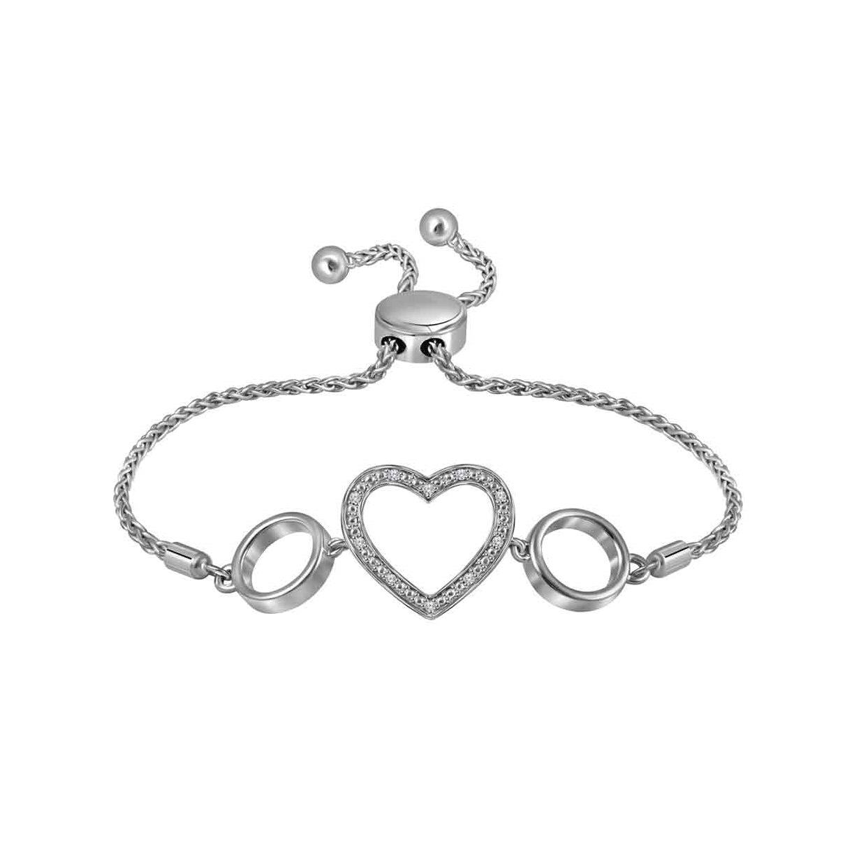 Sterling Silver Womens Round Diamond Heart Bolo Bracelet 1/20 Cttw