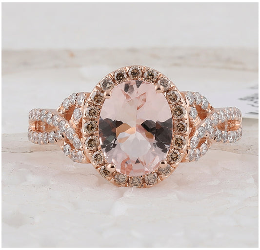 14K Rose Gold Womens Oval Morganite Diamond Solitaire Ring 5/8 Cttw, Womens Size: 5-10