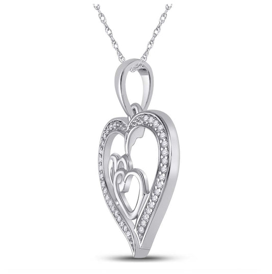 Sterling Silver Womens Round Diamond Triple Heart Outline Pendant 1/8ctw