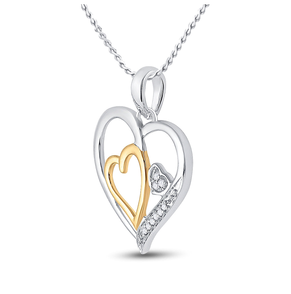 Two-tone Sterling Silver Womens Round Diamond Heart Pendant 1/20ctw