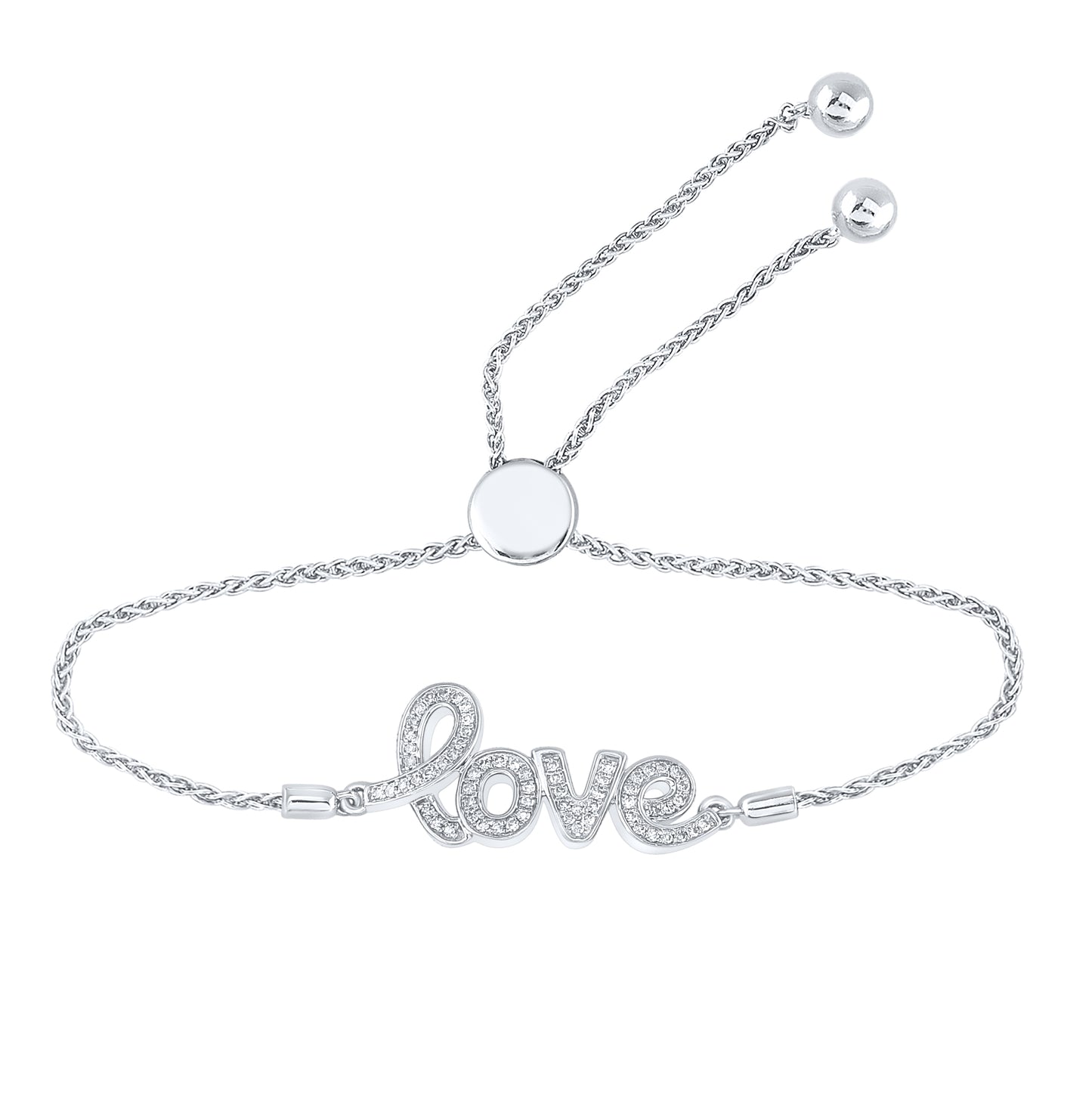 Sterling Silver Womens Round Diamond Love Word Bolo Adjustable Bracelet Cttw