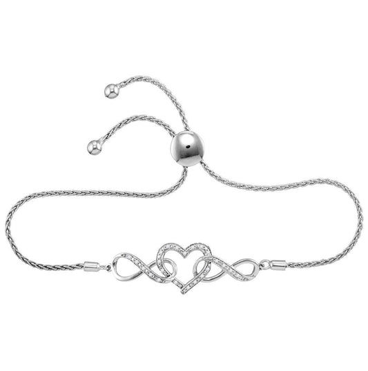 Sterling Silver Womens Round Diamond Infinity Heart Bolo Bracelet 1/6 Cttw, Width: 0.56 In