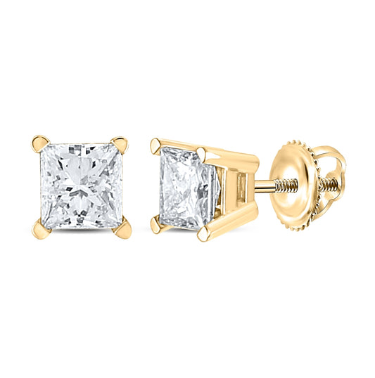 14K Yellow Gold Unisex Princess Diamond Solitaire Stud Earrings 1 Cttw