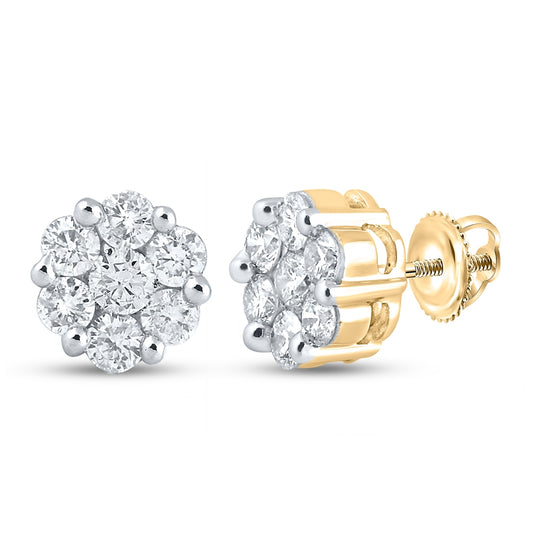 14K White Or Yellow Gold Womens Round Diamond Flower Cluster Earrings