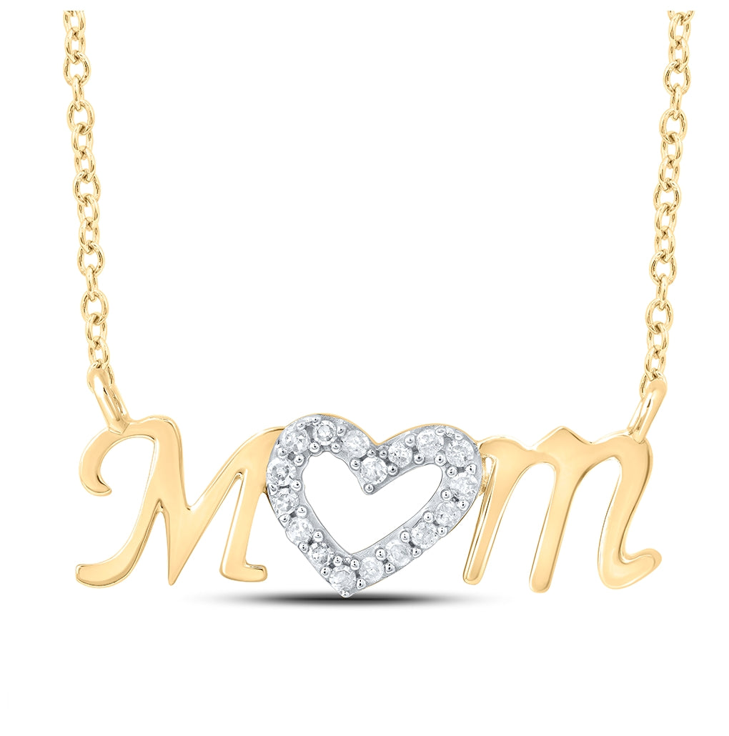 10K Yellow Gold Womens Round Diamond Heart Mom Necklace 1/10 Cttw, Length: 17.99 In