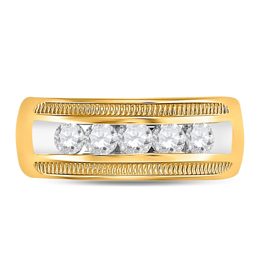 14K Yellow Gold Mens Round Diamond Single Row Textured Wedding Band Ring 1 Cttw, Mens Size: 7-13