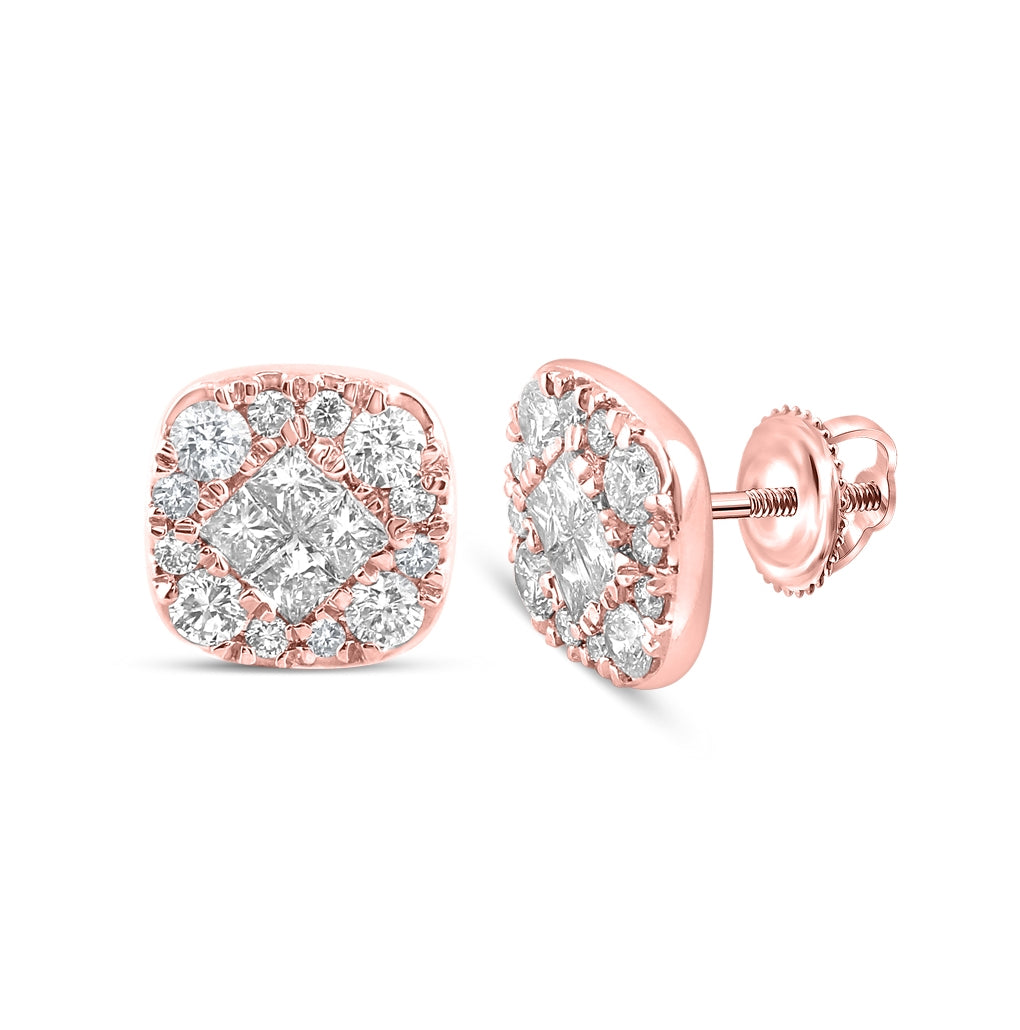 14K Yellow Or White Or Rose Gold Womens Princess Round Diamond Square Earrings