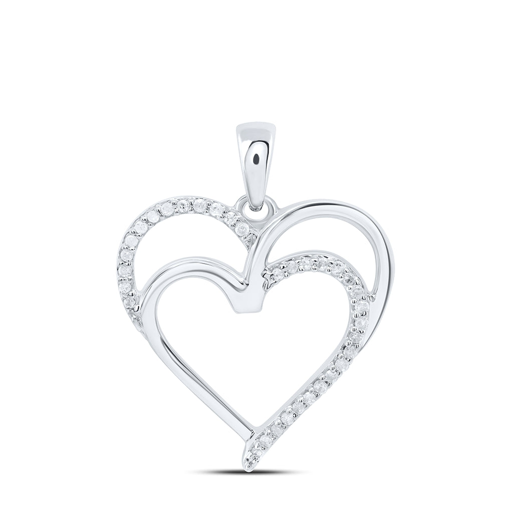 Sterling Silver Womens Round Diamond Double Heart Pendant 1/10ctw