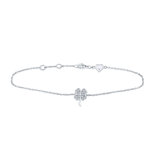 Sterling Silver Womens Round Diamond Lucky Clover Fashion Bracelet 1/10 Cttw