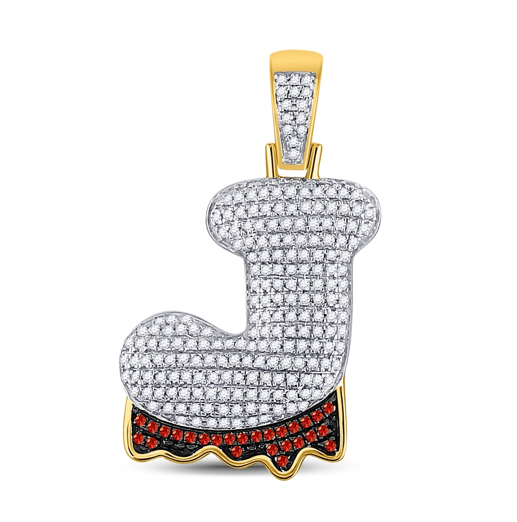 10K Yellow Gold Mens Round Red Color Enhanced Diamond Letter Blood Charm Pendant