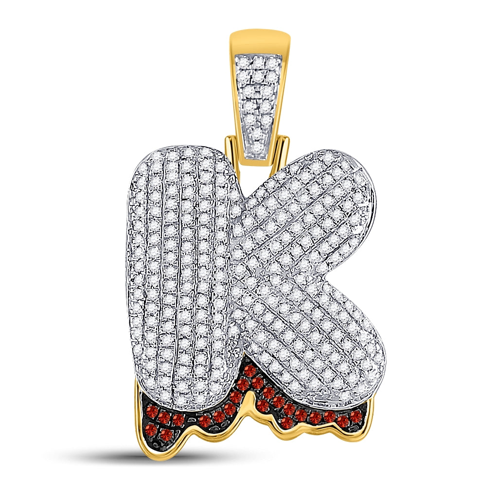 10K Yellow Gold Mens Round Red Color Enhanced Diamond Letter Blood Charm Pendant