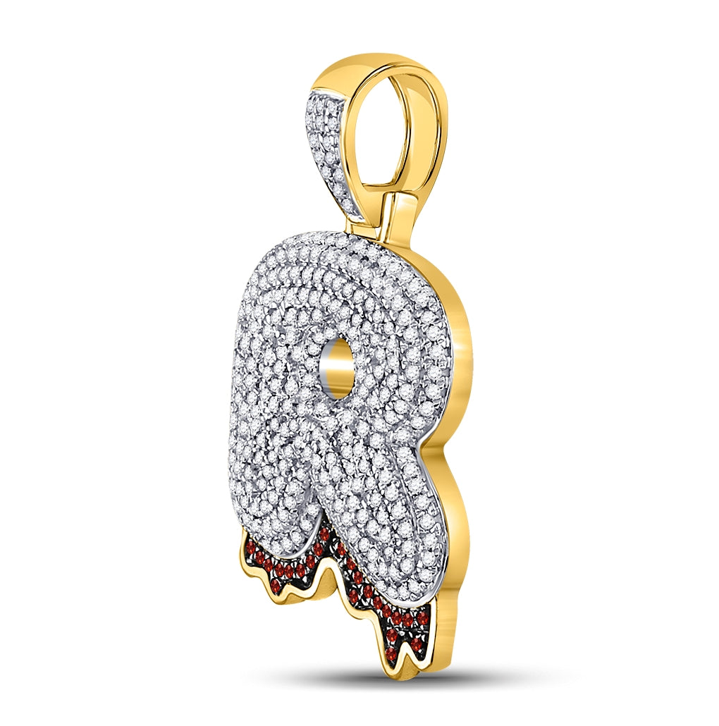 10K Yellow Gold Mens Round Red Color Enhanced Diamond Letter Blood Charm Pendant