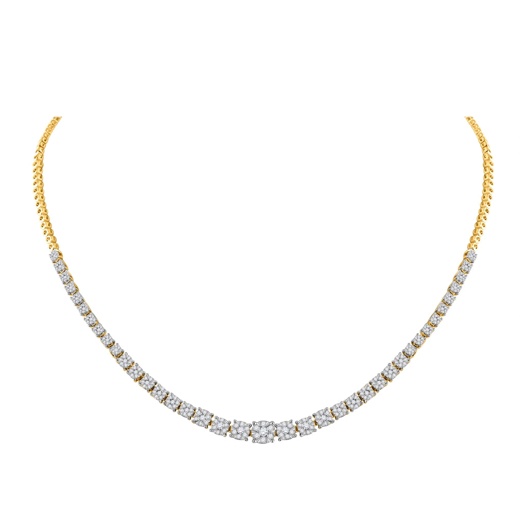 14K Yellow Gold Womens Round Diamond Tennis Fashion Cluster Necklace 2-1/3 Cttw, Length: 17.99 In