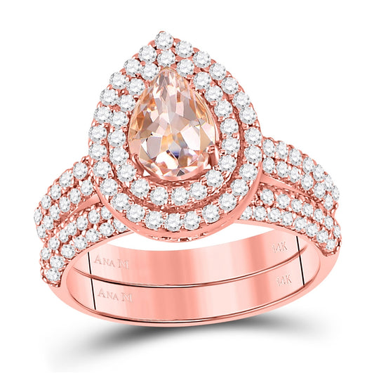 14kt Rose Gold Womens Pear Morganite Bridal Wedding Engagement Ring Band Set 1-7/8 Cttw