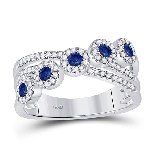 14K White Gold Womens Round Blue Sapphire Crossover Band Ring 1/2 Cttw, Womens Size: 5-10